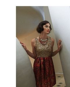 Wren - Anthropologie Red and gold jacquard dress